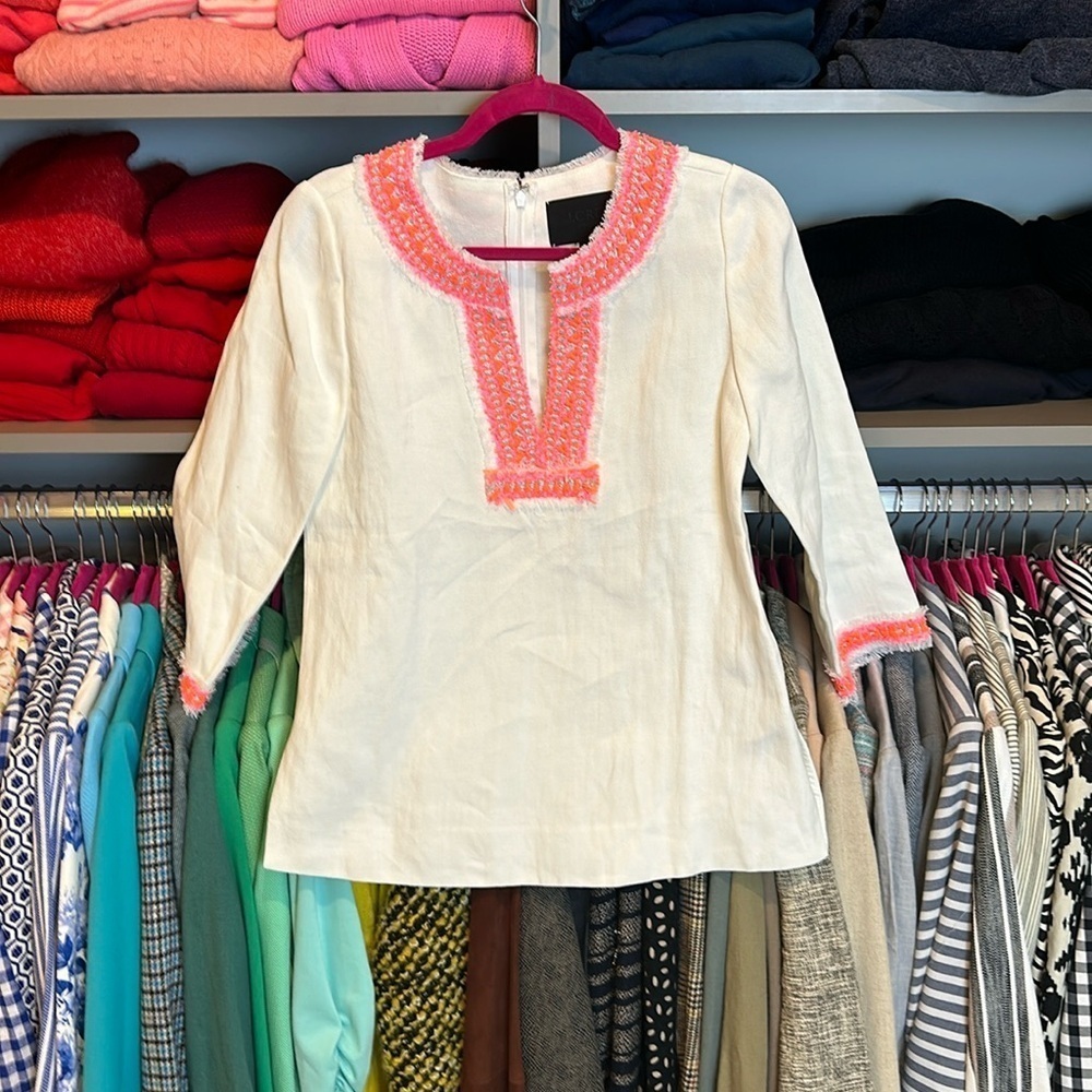 J Crew 100% linen/orange b neck 3/4 quarter sleeve blouse size 0